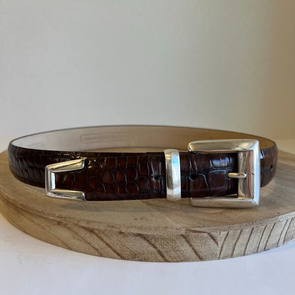 Fossil Brown Embossed Croco Genuine Leather Silver Tipped Belt Size Small - Picture 1 of 11